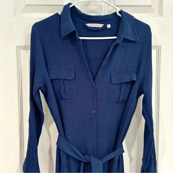 Soft Surrounding Dress Sz M Blue Button Up Collar Shirt Dress Belt Maxi Pockets - Picture 3 of 17
